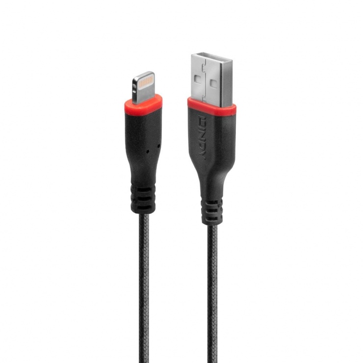 Imagine Cablu de date + incarcare USB la iPhone Lightning rezistent 1m Negru, Lindy L31291