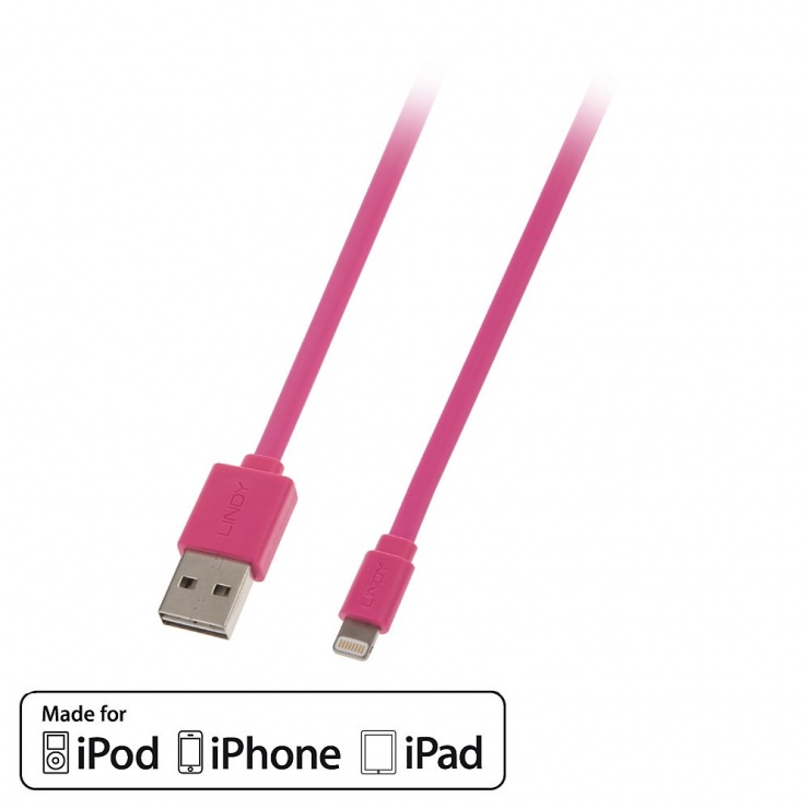 Imagine Cablu USB reversibil date + incarcare pentru iPhone 5/6 Lightning MFI 1m Roz, Lindy L31395 