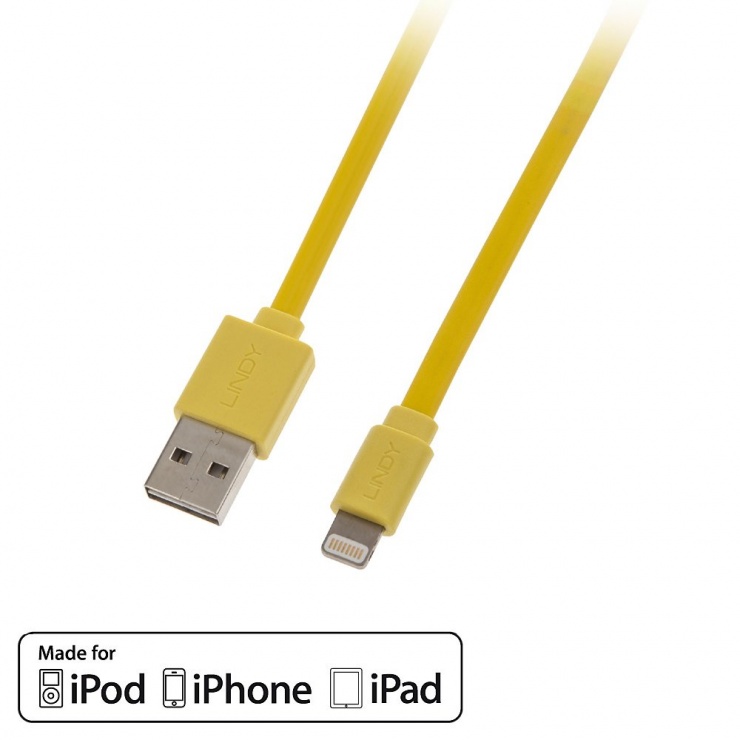 Imagine Cablu USB reversibil date + incarcare pentru iPhone 5/6 Lightning MFI 1m Galben, Lindy L31393