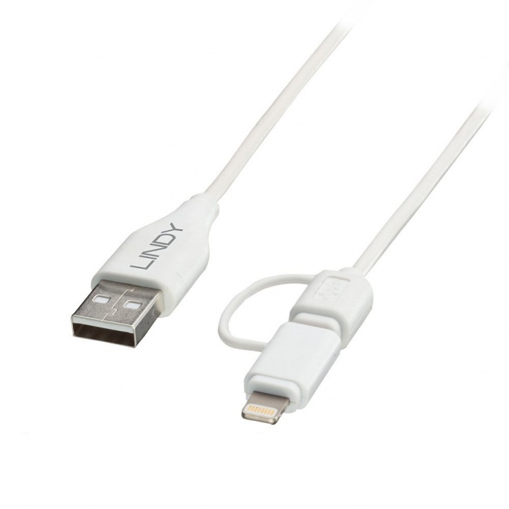 Imagine Cablu USB 2.0 la micro USB-B + adaptor Lightning MFI 1m, Lindy L31345-1