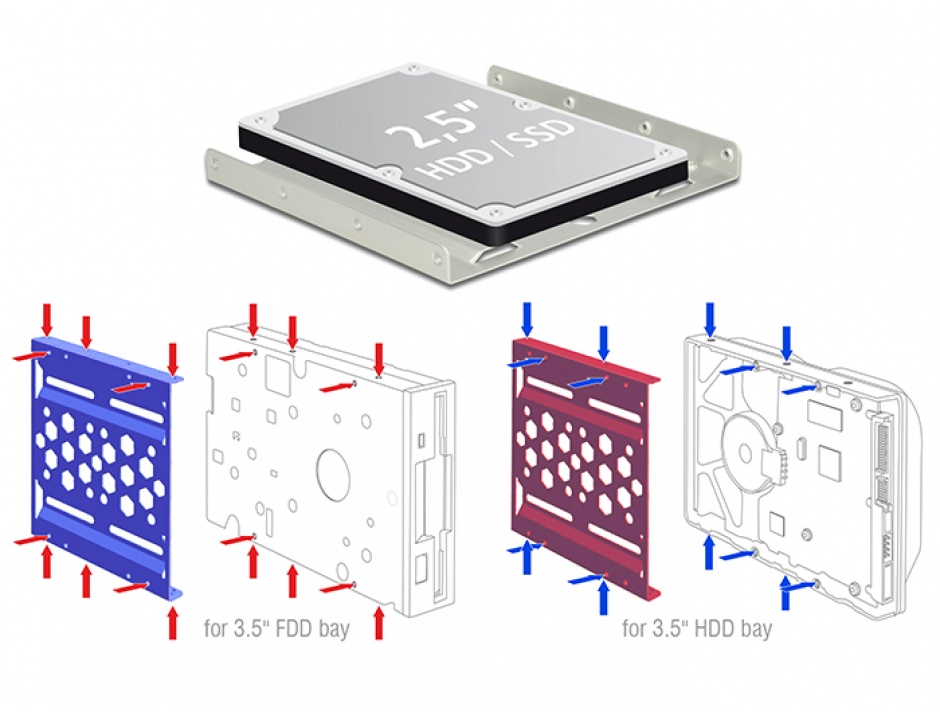 Imagine Kit instalare HDD 2.5" la 3.5" aluminiu Rosu, Delock 21290
