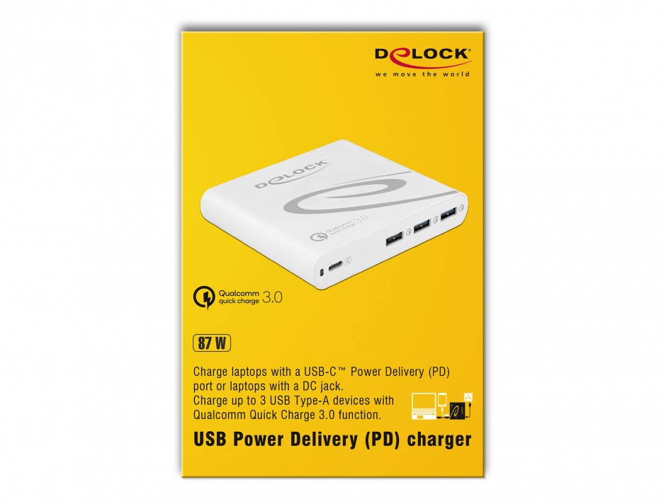 Imagine Incarcator priza la 1 x USB-C PD 85 W + 3 x USB-A Qualcomm Quick Charge 3.0 Alb, Delock 41432