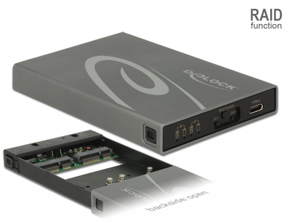 Imagine Rack extern 2 x mSATA SSD la USB 3.1 Gen 2 USB-C cu RAID, Delock 42590