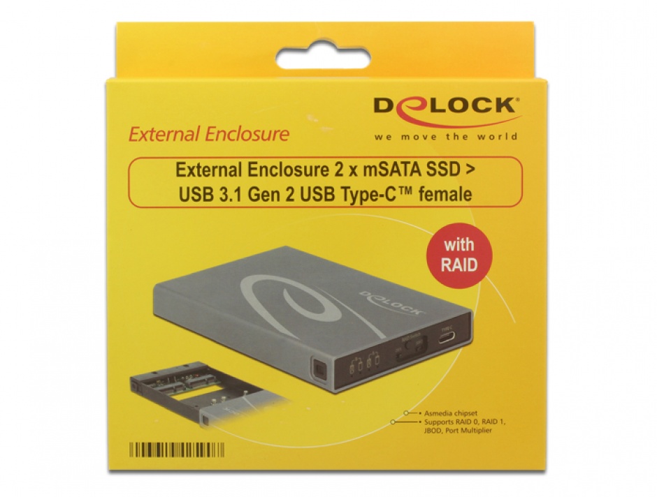 Imagine Rack extern 2 x mSATA SSD la USB 3.1 Gen 2 USB-C cu RAID, Delock 42590