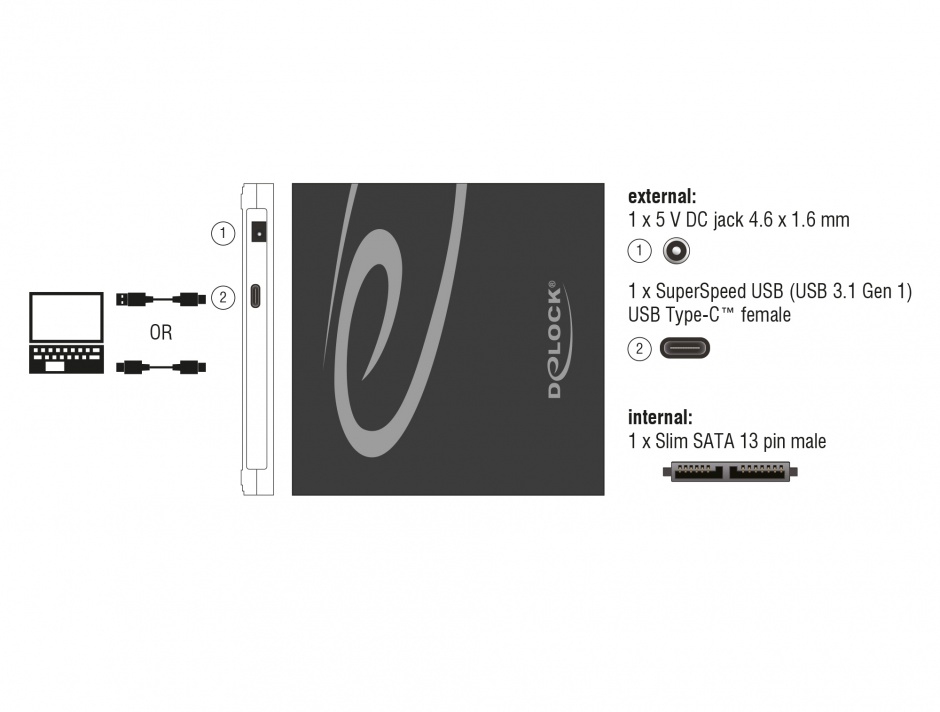 Imagine Enclosure extern pentru Ultra Slim SATA 9.5mm la USB 3.1-C, Delock 42595