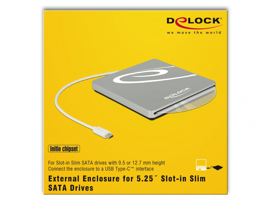 Imagine Enclosure extern pentru dispozitive 5.25" Slot-in Slim SATA 9.5 / 12.7 mm la USB-C Silver, Delock 42