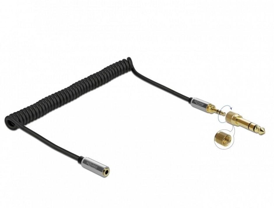 Imagine Cablu prelungitor spiralat jack stereo 3.5mm 3 pini T-M + adaptor 6.35mm 2m, Delock 85832