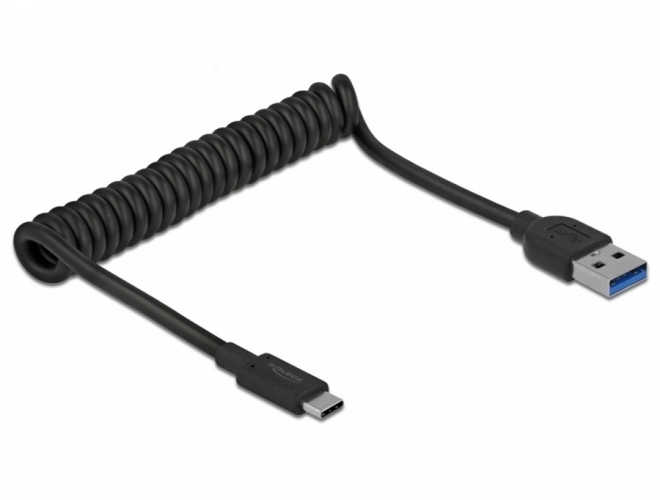Imagine Cablu USB 3.1-A la USB-C T-T spiralat 30-120cm Negru, Delock 85349
