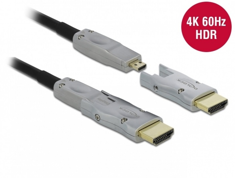 Imagine Cablu micro HDMI optic activ 4K@60Hz HDR - conectori HDMI detasabili T-T 15m Negru, Delock 85881