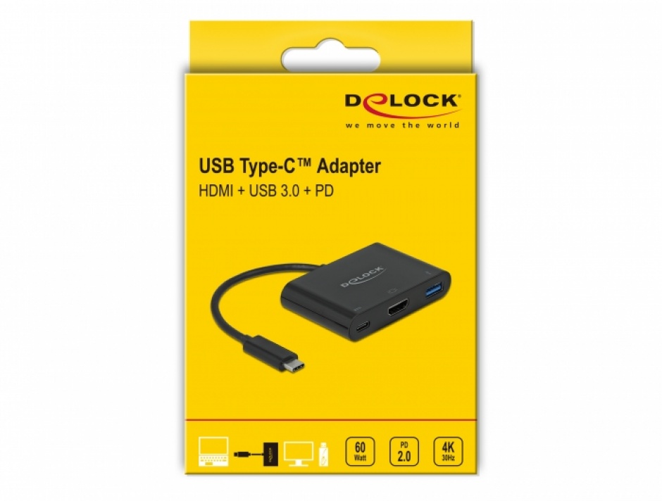 Imagine Adaptor USB-C 3.1 la HDMI 4K@30 Hz + 1 x USB-A BC1.2 + 1  USB-C PD (Power Delivery), Delock 64091
