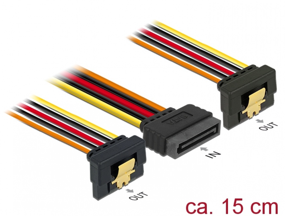 Imagine Cablu alimentare SATA 15 pini la 2 x SATA clips metalic unghi T-M, Delock 60145