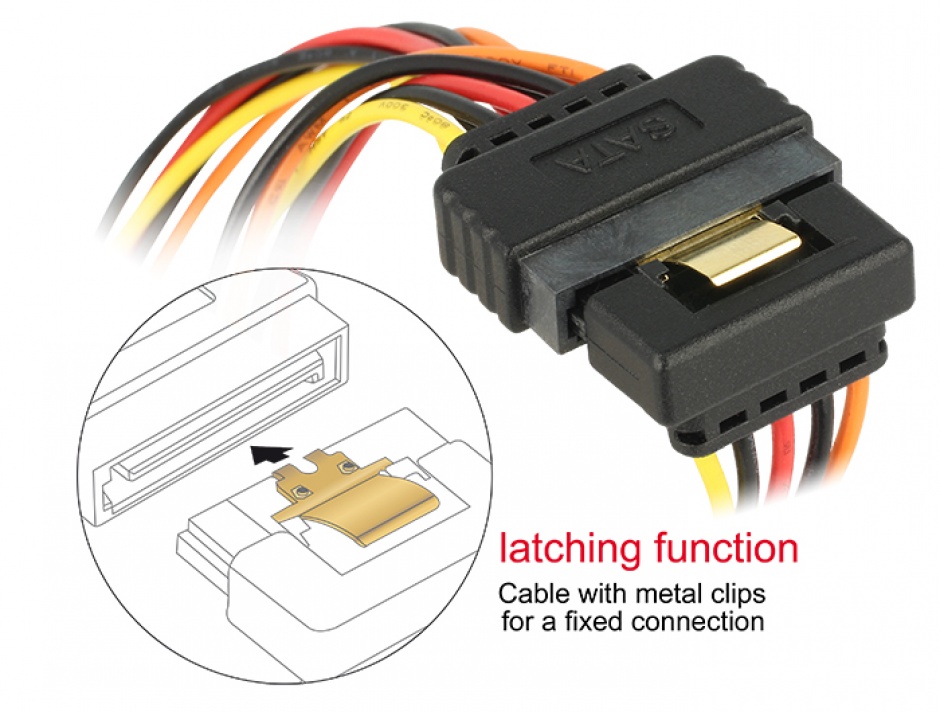 Imagine Cablu alimentare SATA 15 pini la 2 x SATA clips metalic unghi T-M, Delock 60145