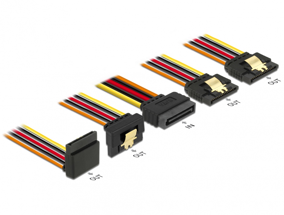 Imagine Cablu de alimentare SATA 15 pini la 2 x SATA drepte + 1 x unghi sus + 1 x unghi jos 15cm, Delock 60147 