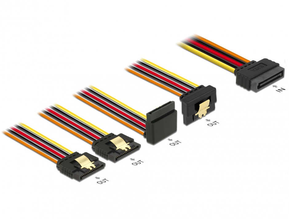 Imagine Cablu de alimentare SATA 15 pini la 2 x SATA drepte + 1 x unghi sus + 1 x unghi jos 30cm, Delock 60148