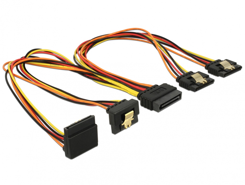 Imagine Cablu de alimentare SATA 15 pini la 2 x SATA drepte + 1 x unghi sus + 1 x unghi jos 30cm, Delock 601