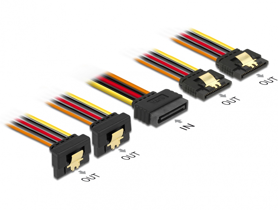Imagine Cablu de alimentare SATA 15 pini la 2 x SATA drept + 2 x SATA unghi jos 30cm, Delock 60151