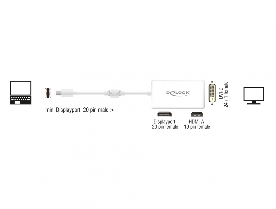 Imagine Adaptor mini Displayport la Displayport / HDMI / DVI 24 pini, Delock 61768