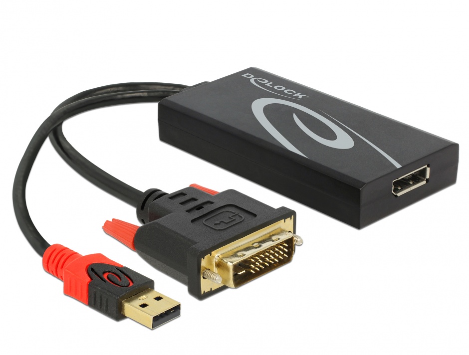 Imagine Adaptor DVI-D la Displayport 4K 30 Hz T-M + alimentare USB, Delock 62596