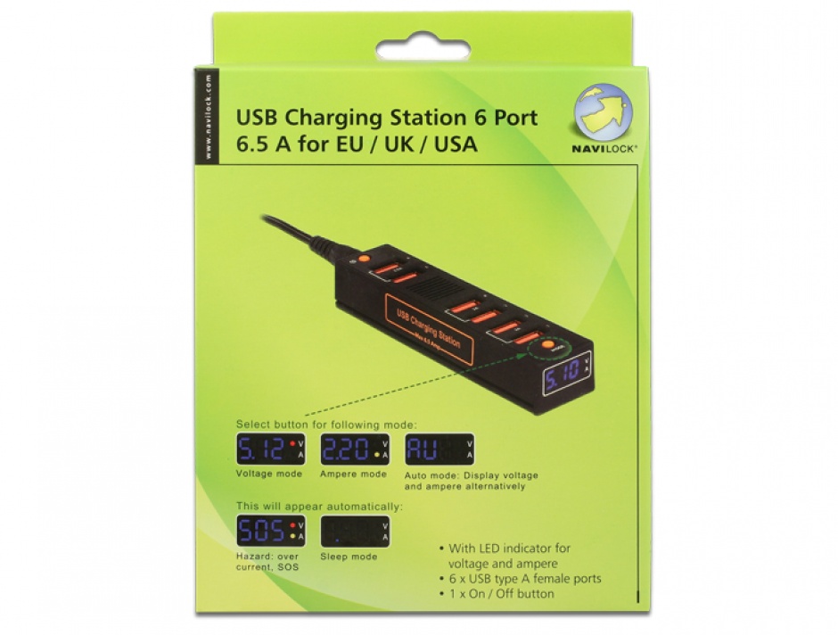 Imagine Statie de incarcare (incarcator priza) 6 Porturi USB 6.5 A EU / UK / USA cu LED, Navilock 62624 