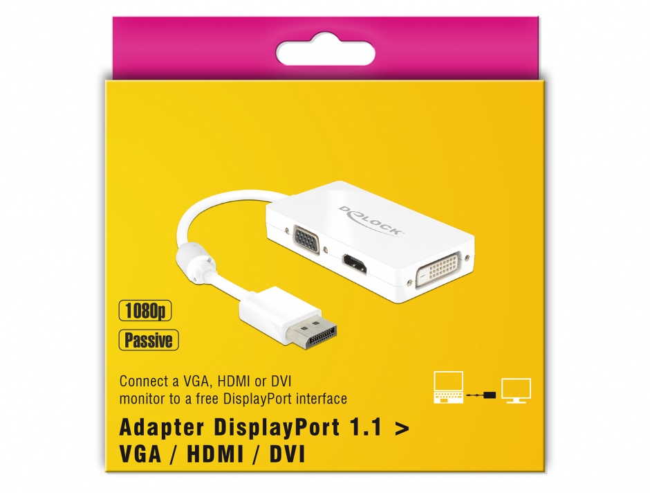 Imagine Adaptor Displayport la VGA / HDMI / DVI pasiv T-M Alb, Delock 62655