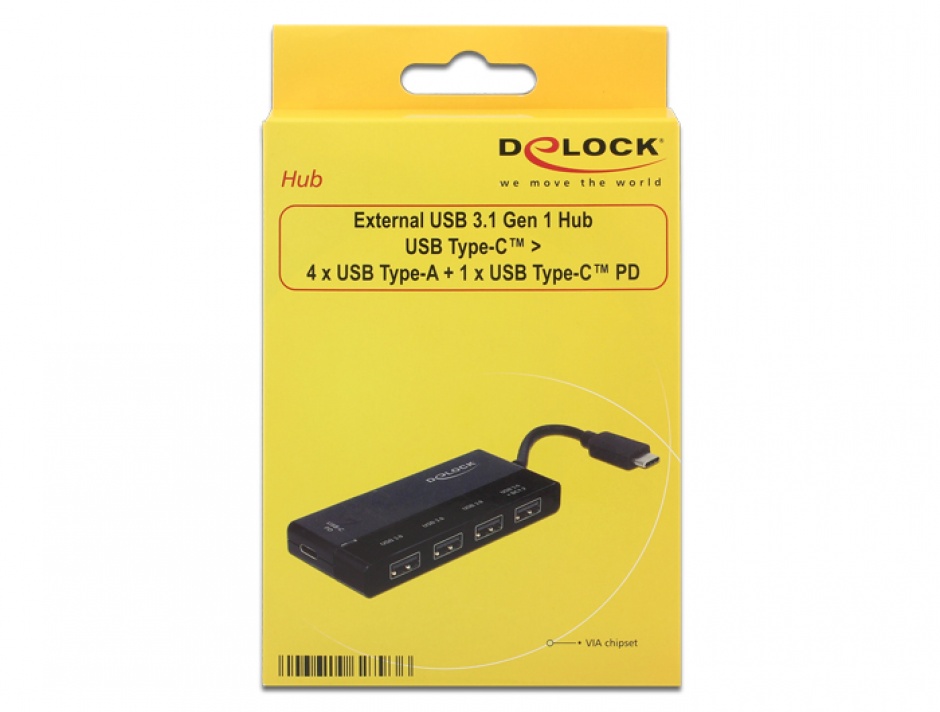 Imagine HUB USB 3.1 tip C la 4 x USB-A + alimentare (PD), Delock 62793