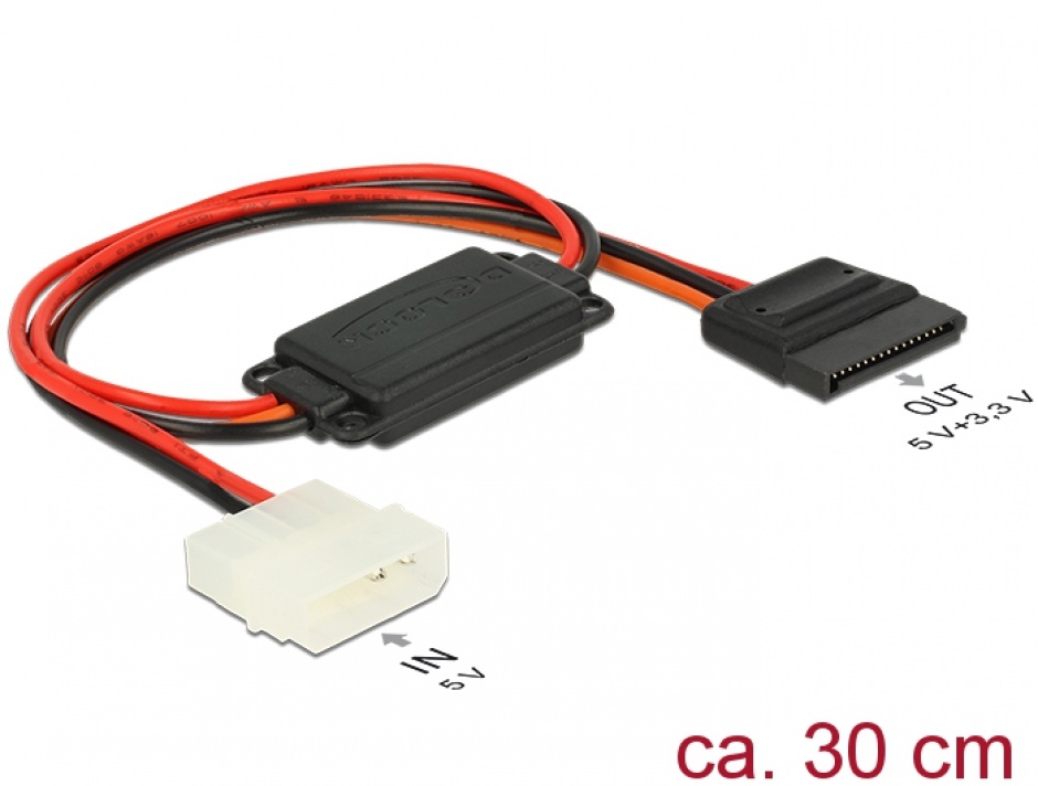 Imagine Cablu de alimentare conversie voltaj Molex 4 pini 5V la SATA 15 pini 3.3V + 5V T-M, Delock 62838