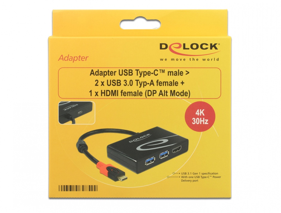 Imagine Adaptor USB 3.1 tip C la 2 x USB-A + 1 x HDMI-A (DP Alt Mode) 4K 30 Hz, Delock 62854