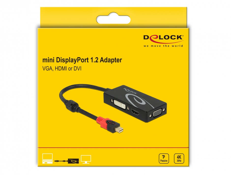Imagine Adaptor mini Displayport 1.2 la VGA / HDMI / DVI 4K Pasiv Negru T-M, Delock 62855