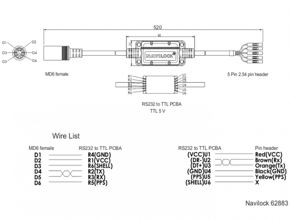 Imagine Cablu MD6 socket serial la 5 pini pitch 2.54 mm TTL (5 V) 52cm, Navilock 62883 