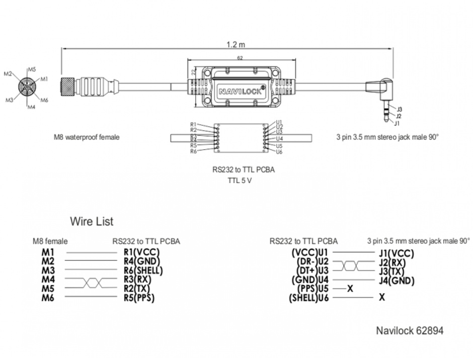 Imagine Cablu M8 waterproof la jack 3.5 mm 3 pini 90° TTL (5 V), Navilock 62894