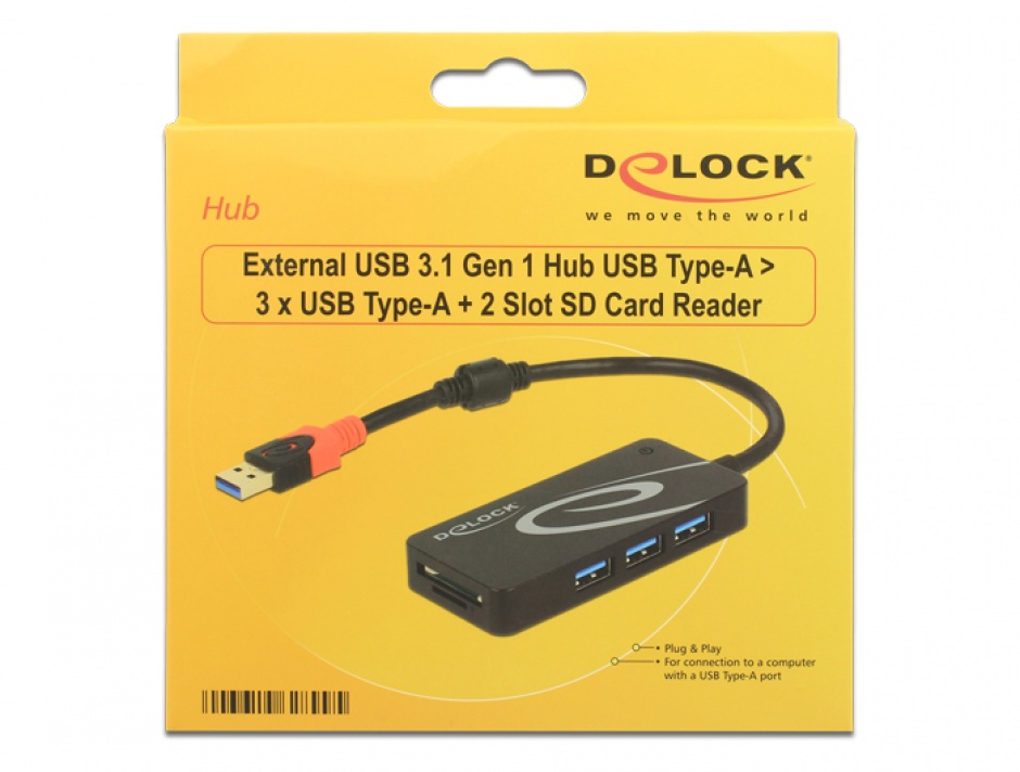 Imagine HUB USB 3.1 tip A la 3 x USB-A + 2 Slot Card SD Negru, Delock 62899 