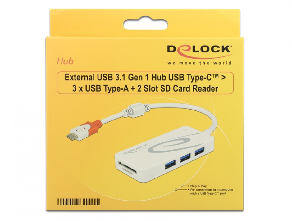 Imagine HUB USB 3.1 tip C la 3 x USB-A + 2 Slot Card SD Alb, Delock 62901