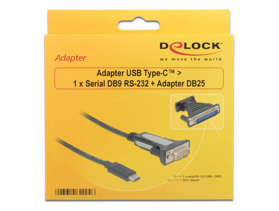 Imagine Adaptor USB-C la Serial RS232 DB9 + adaptor DB25 FTDI, Delock 62904