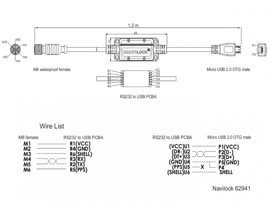 Imagine Cablu M8 waterproof la Micro USB OTG 2.0 M-T, Navilock 62941