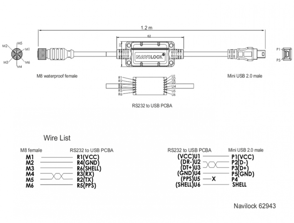 Imagine Cablu M8 waterproof la mini USB-B 2.0 M-T, Navilock 62943