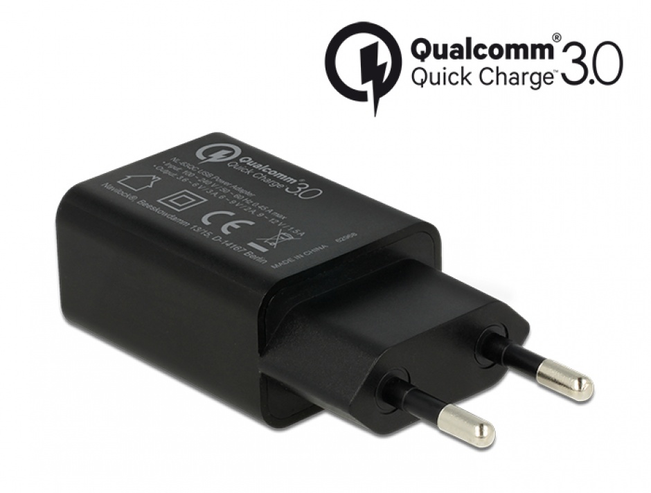 Imagine Incarcator priza cu 1 x USB Qualcomm Quick/Fast Charge 3.0 (incarcare rapida) Negru, Navilock 62968