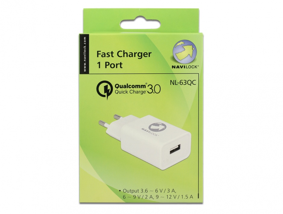 Imagine Incarcator priza cu 1 x USB Qualcomm Quick/Fast Charge 3.0 (incarcare rapida) Alb, Navilock 62969