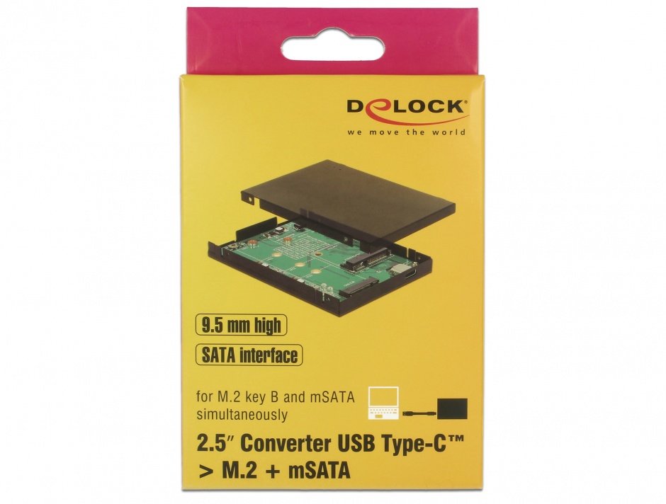 Imagine Rack extern 2.5" USB 3.1-C la M.2 + mSATA pana la 9.5mm, Delock 62986