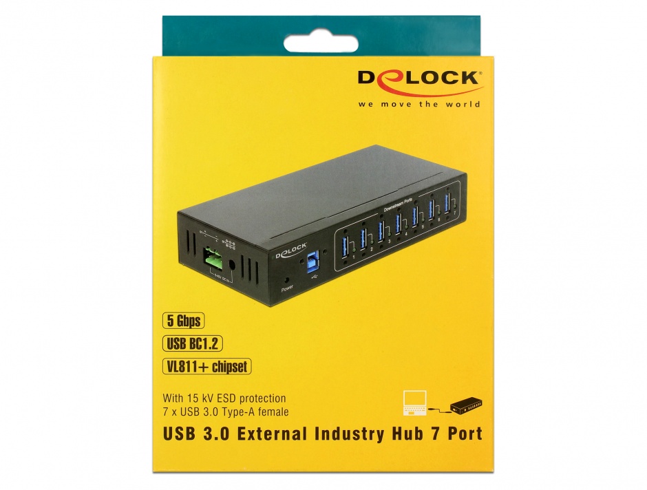 Imagine HUB extern industrial cu 7 x USB 3.0 tip A, protectie 15 kV ESD, Delock 63311