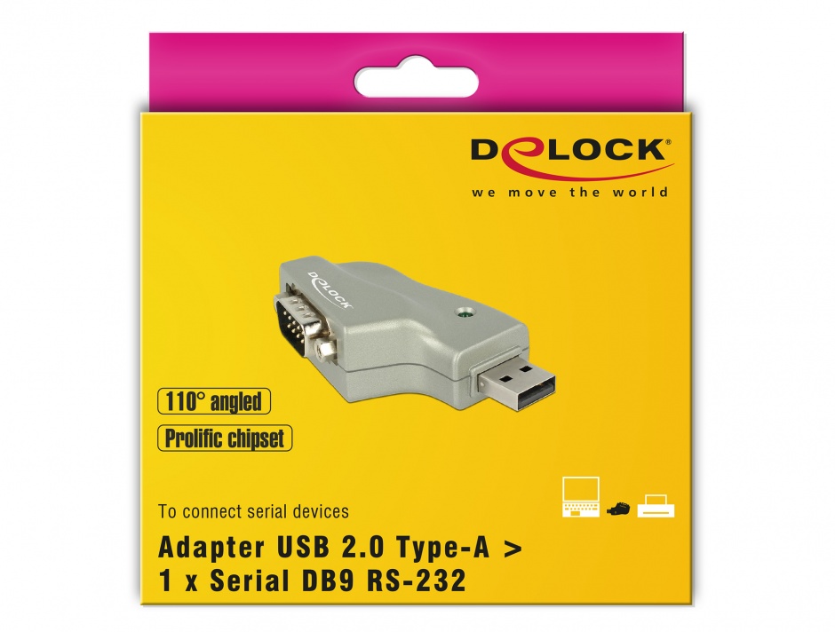 Imagine Adaptor USB la Serial RS232 DB9 unghi 110 grade, Delock 63916