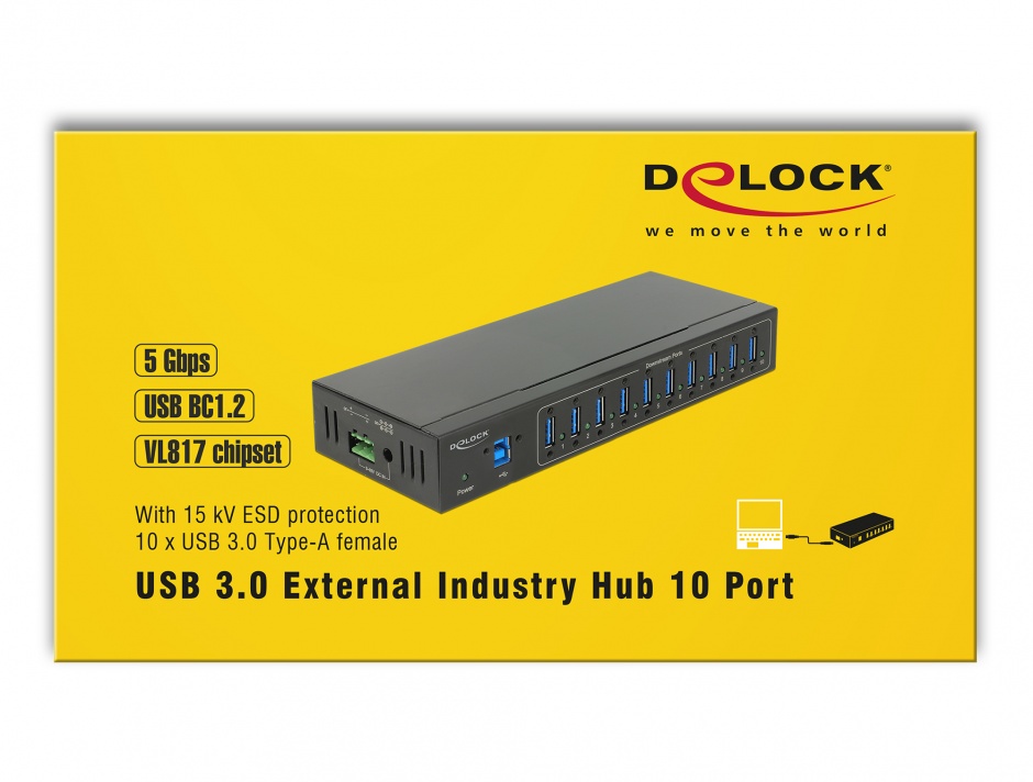 Imagine HUB extern industrial cu 4 x USB 3.0 tip A, protectie 20 kV ESD, Delock 63919