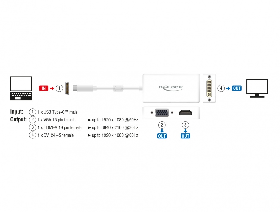 Imagine Adaptor USB-C la VGA / HDMI / DVI T-M alb, Delock 63924