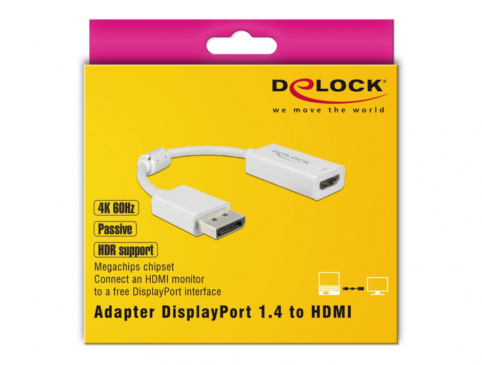 Imagine Adaptor Displayport 1.4 la HDMI (DP Alt Mode) 4K 60Hz cu HDR T-M Alb, Delock 63936