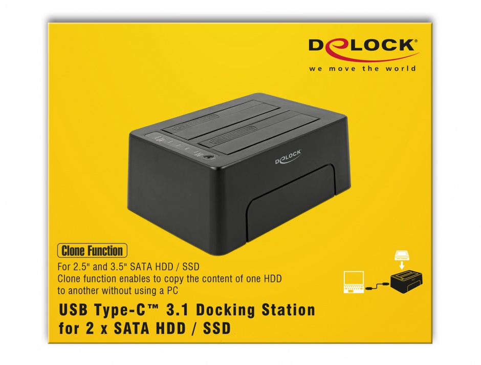 Imagine Docking Station USB 3.1-C la 2 x SATA HDD/SSD 2.5" + 3.5" cu functie de Clona, Delock 63957