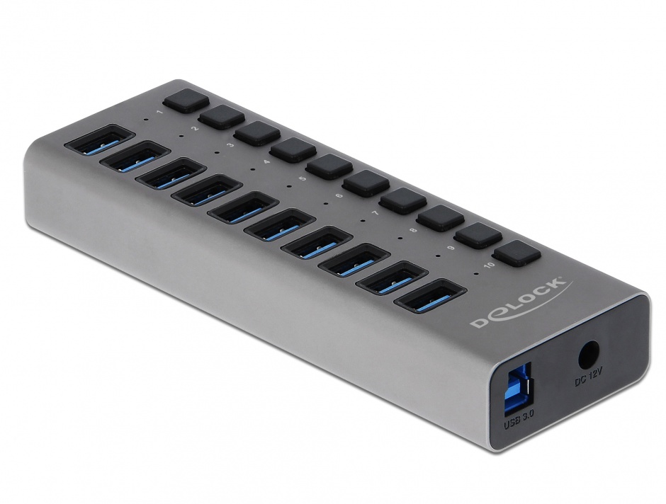 Imagine HUB cu 10 porturi USB 3.0 + switch ON/OFF Negru, Delock 63976