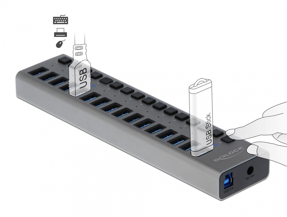 Imagine HUB cu 16 porturi USB 3.0 + switch ON/OFF Negru, Delock 63978