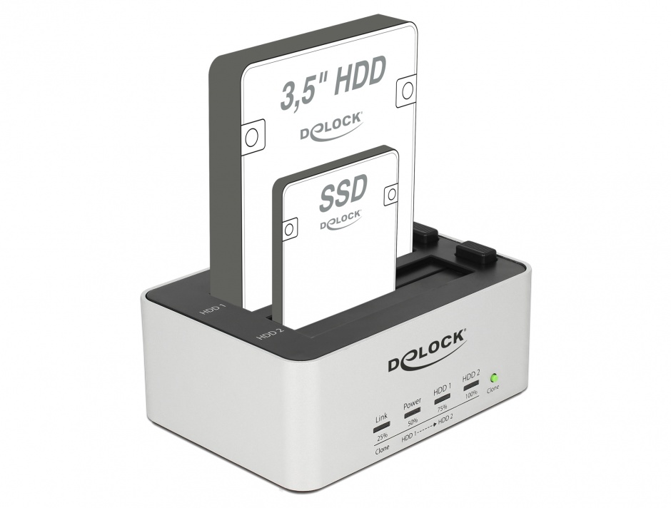 Imagine Dual Docking Station 2 x SATA HDD / SSD la USB 3.0 functie de Clona carcasa metalica, Delock 63991