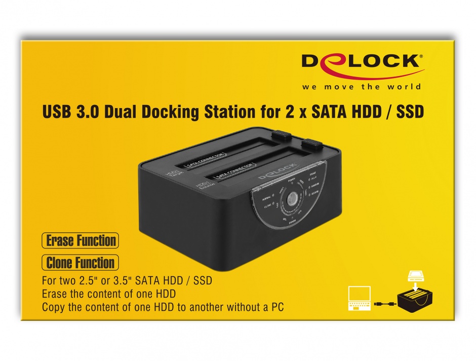 Imagine Docking Station Dual USB 3.0 pentru 2 x SATA HDD/SSD functie de Clona/Erase metalic, Delock 63992