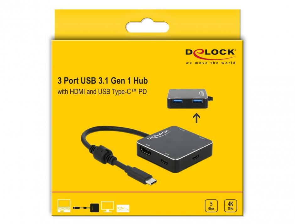 Imagine Adaptor USB-C 3.1 la 1 x HDMI-A + 2 x USB 3.0-A + 1 x USB-C + PD (Power Delivery) Negru, Delock 6406