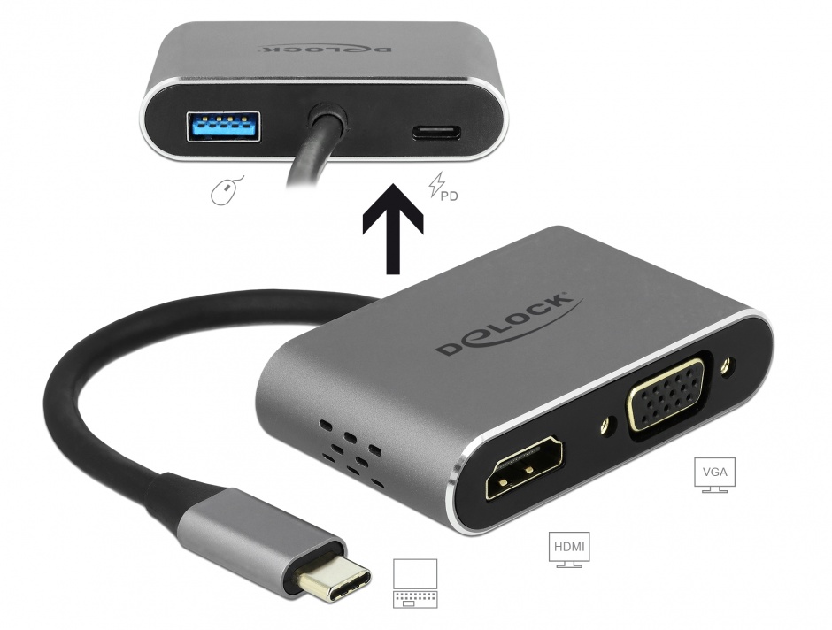 Imagine Adaptor USB-C la HDMI, VGA, 1 x USB 3.0, 1 x USB-C PD, Delock 64074